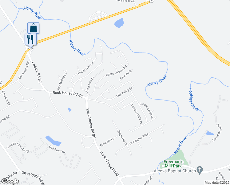 map of restaurants, bars, coffee shops, grocery stores, and more near 1701 Lily Valley Drive in Lawrenceville