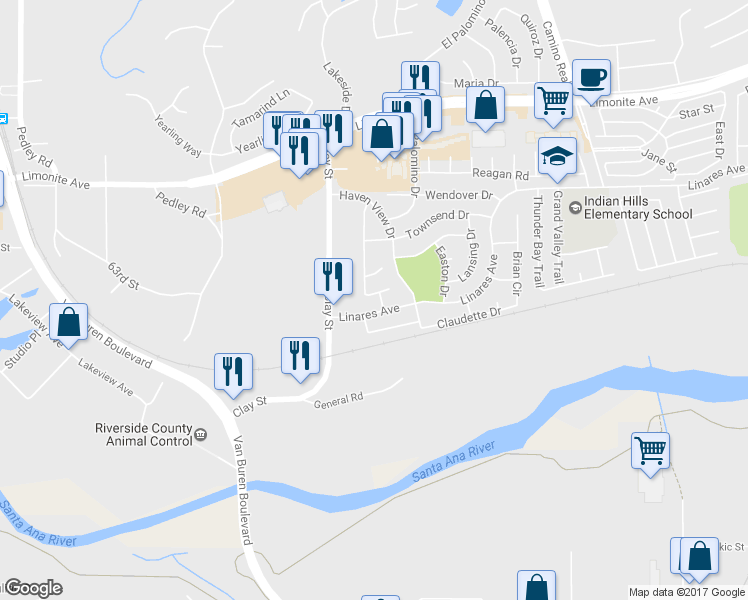 map of restaurants, bars, coffee shops, grocery stores, and more near 6409 Heatherwood Drive in Riverside