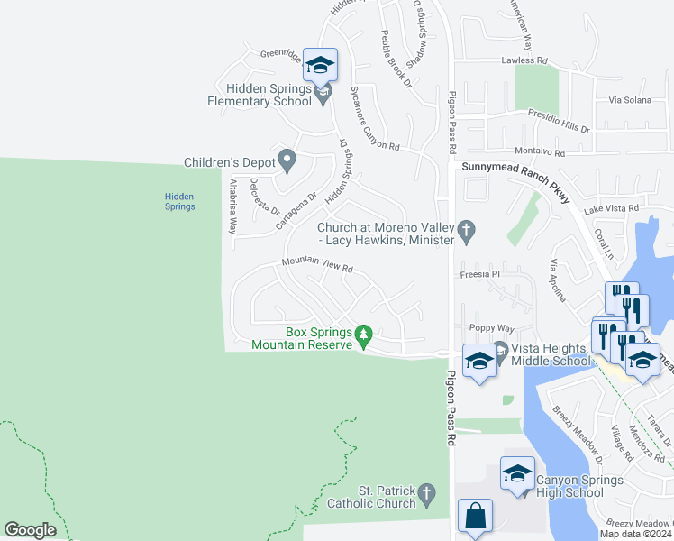 map of restaurants, bars, coffee shops, grocery stores, and more near 10311 Tributary Drive in Moreno Valley