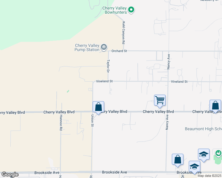 map of restaurants, bars, coffee shops, grocery stores, and more near 38011 Vineland Street in Cherry Valley