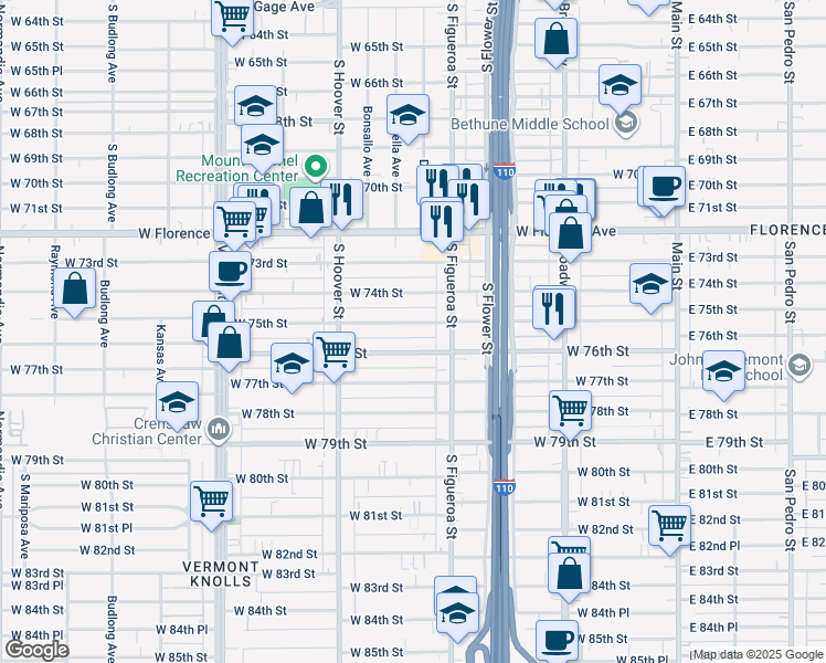 map of restaurants, bars, coffee shops, grocery stores, and more near 602 West 75th Street in Los Angeles