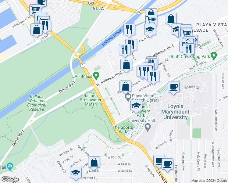 map of restaurants, bars, coffee shops, grocery stores, and more near 5935 Playa Vista Drive in Los Angeles