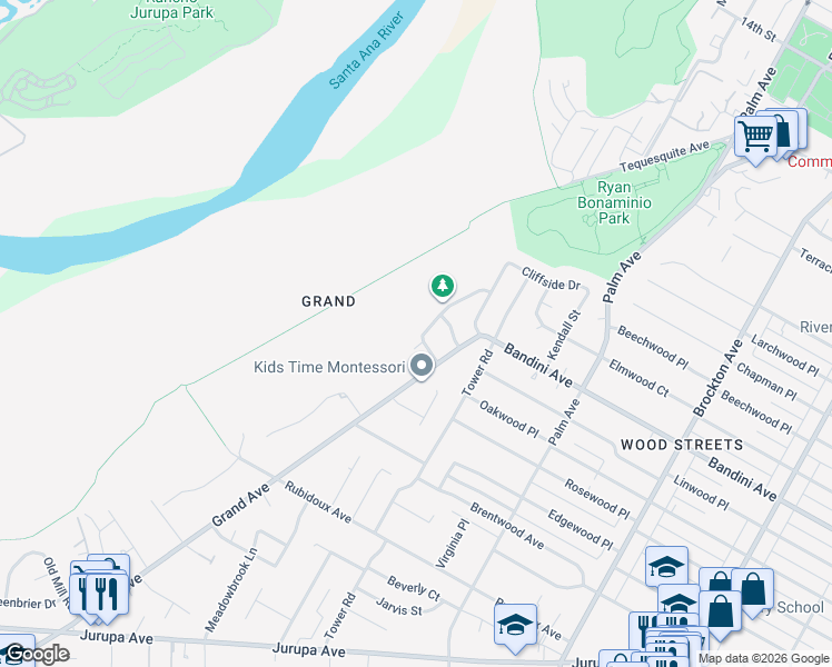 map of restaurants, bars, coffee shops, grocery stores, and more near 5481 Pinehurst Drive in Riverside