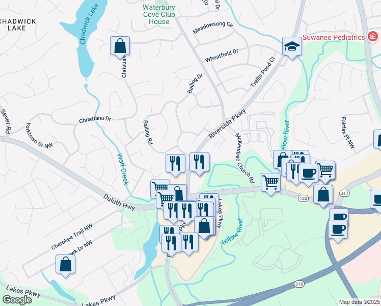 map of restaurants, bars, coffee shops, grocery stores, and more near 1131 Bailing Drive in Lawrenceville