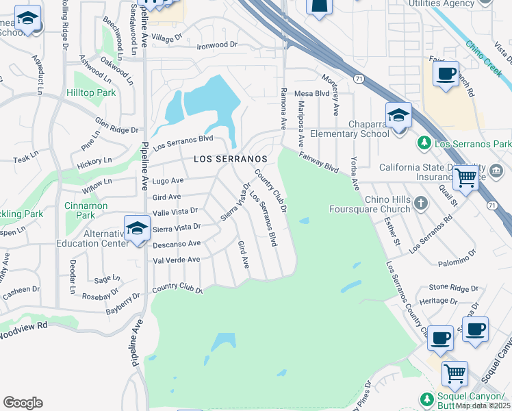 map of restaurants, bars, coffee shops, grocery stores, and more near 4433 Los Serranos Boulevard in Chino Hills
