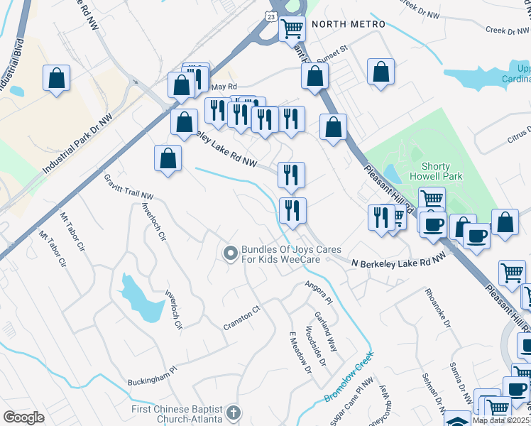 map of restaurants, bars, coffee shops, grocery stores, and more near 3971 Howell Park Road in Duluth
