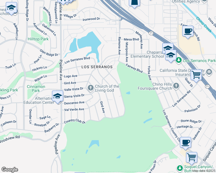 map of restaurants, bars, coffee shops, grocery stores, and more near 4433 Los Serranos Boulevard in Chino Hills