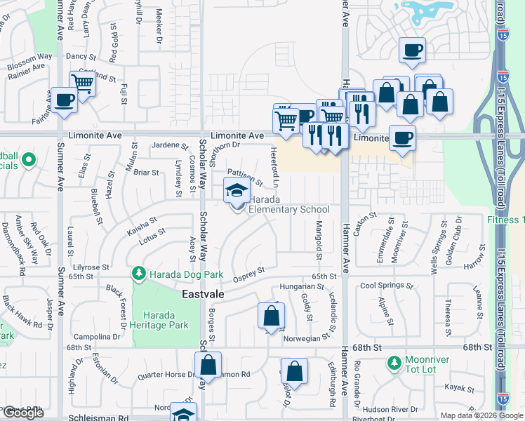 map of restaurants, bars, coffee shops, grocery stores, and more near Oakdale Street & Cattleman Drive in Corona