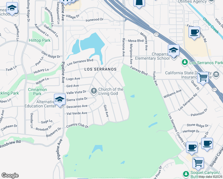 map of restaurants, bars, coffee shops, grocery stores, and more near 4433 Los Serranos Boulevard in Chino Hills