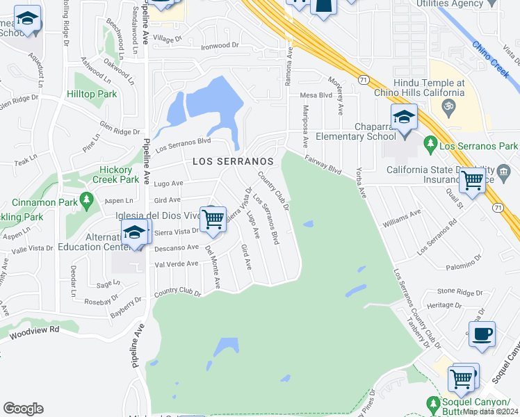 map of restaurants, bars, coffee shops, grocery stores, and more near 4433 Los Serranos Boulevard in Chino Hills