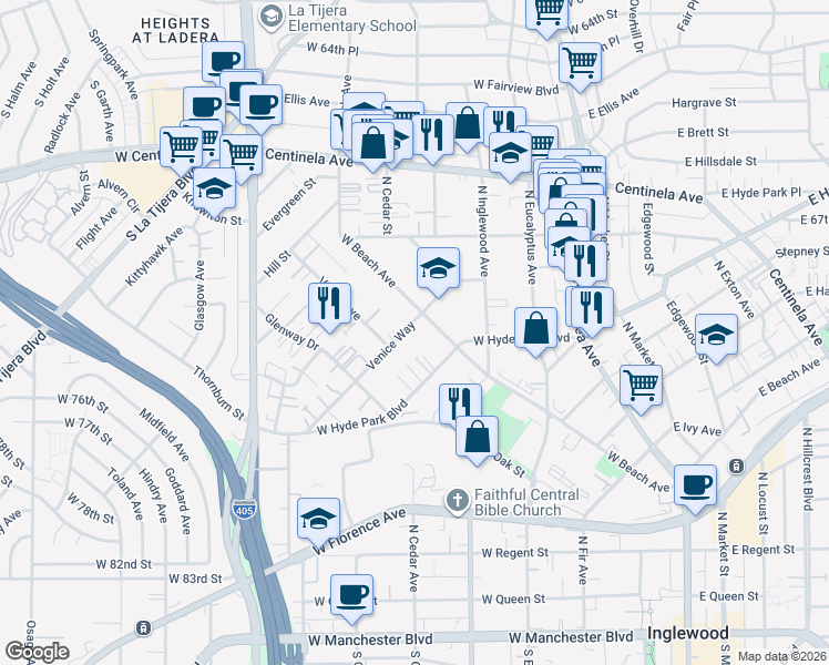 map of restaurants, bars, coffee shops, grocery stores, and more near 516 Venice Way in Inglewood