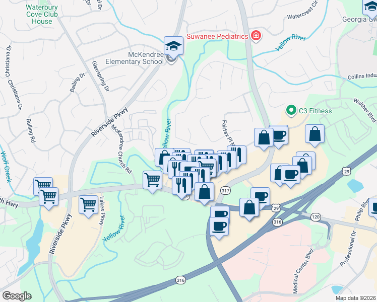 map of restaurants, bars, coffee shops, grocery stores, and more near 701 Justins Place Lane in Lawrenceville