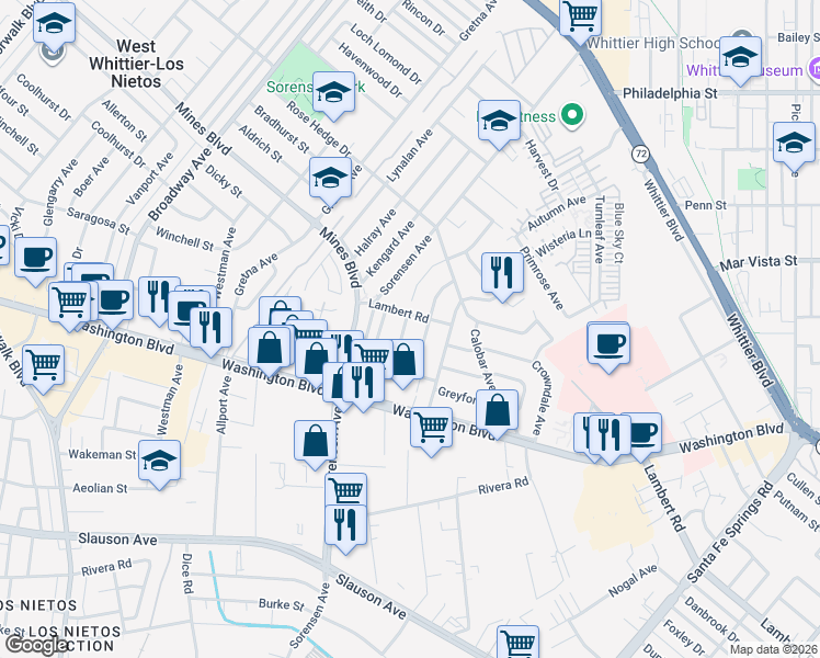 map of restaurants, bars, coffee shops, grocery stores, and more near 7812 Wellsford Avenue in Whittier
