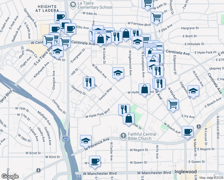 map of restaurants, bars, coffee shops, grocery stores, and more near 516 Venice Way in Inglewood