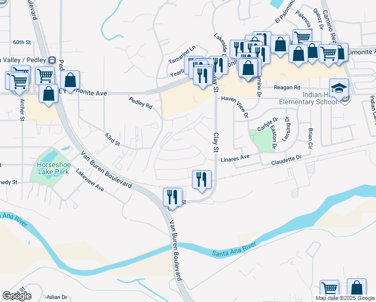 map of restaurants, bars, coffee shops, grocery stores, and more near 8294 Arbolita St in Jurupa Valley