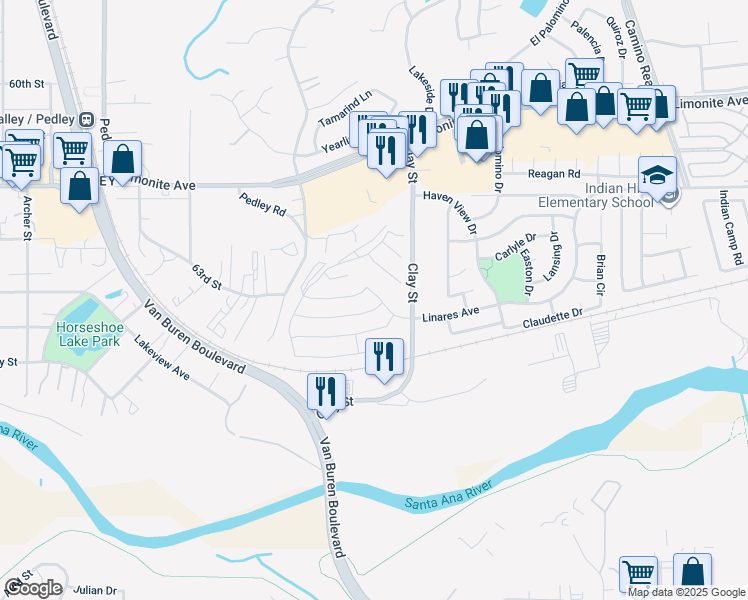 map of restaurants, bars, coffee shops, grocery stores, and more near 8157 Perada Street in Jurupa Valley