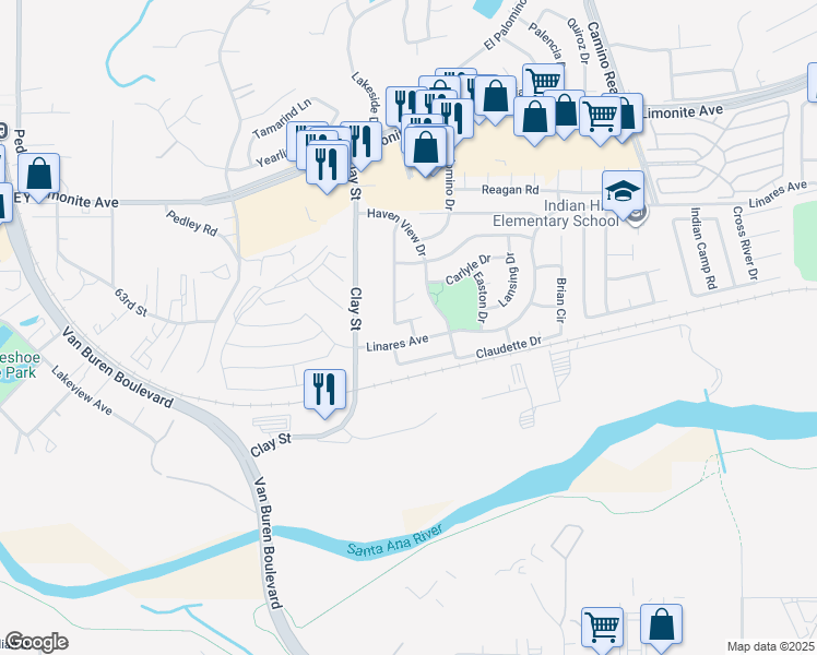 map of restaurants, bars, coffee shops, grocery stores, and more near 6409 Heatherwood Drive in Riverside