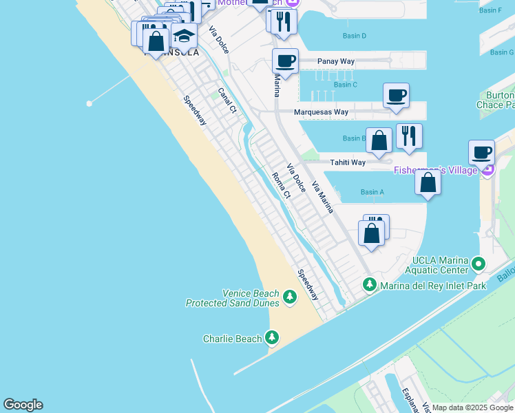 map of restaurants, bars, coffee shops, grocery stores, and more near 6 Northstar Street in Marina del Rey