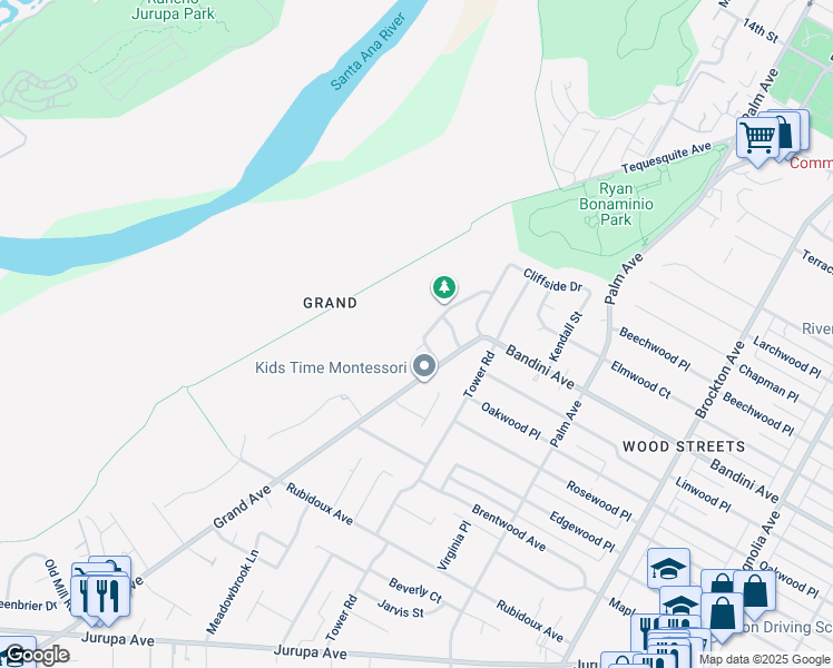 map of restaurants, bars, coffee shops, grocery stores, and more near 5481 Pinehurst Drive in Riverside