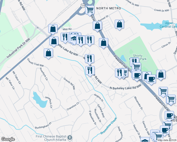 map of restaurants, bars, coffee shops, grocery stores, and more near 3905 Howell Park Road in Duluth