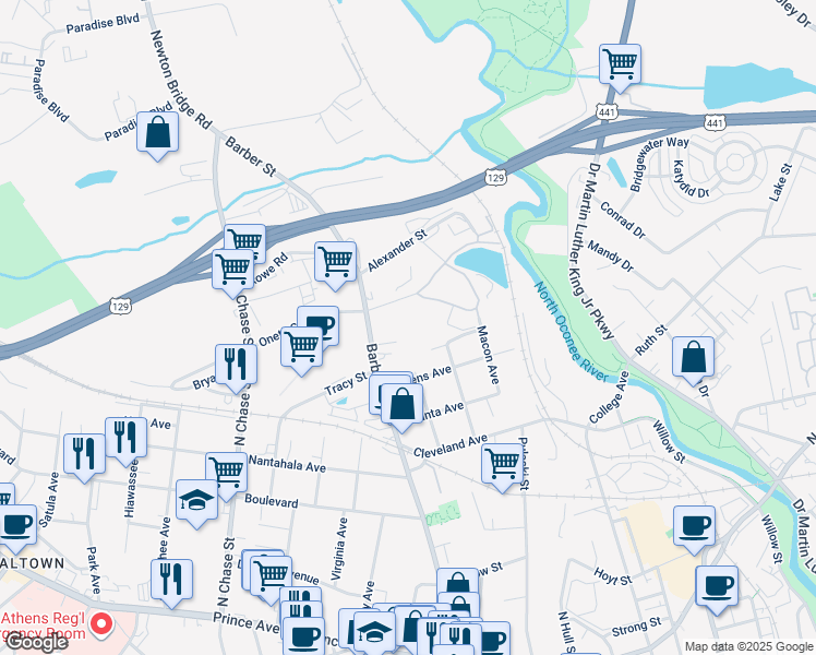 map of restaurants, bars, coffee shops, grocery stores, and more near 291 Athens Avenue in Athens