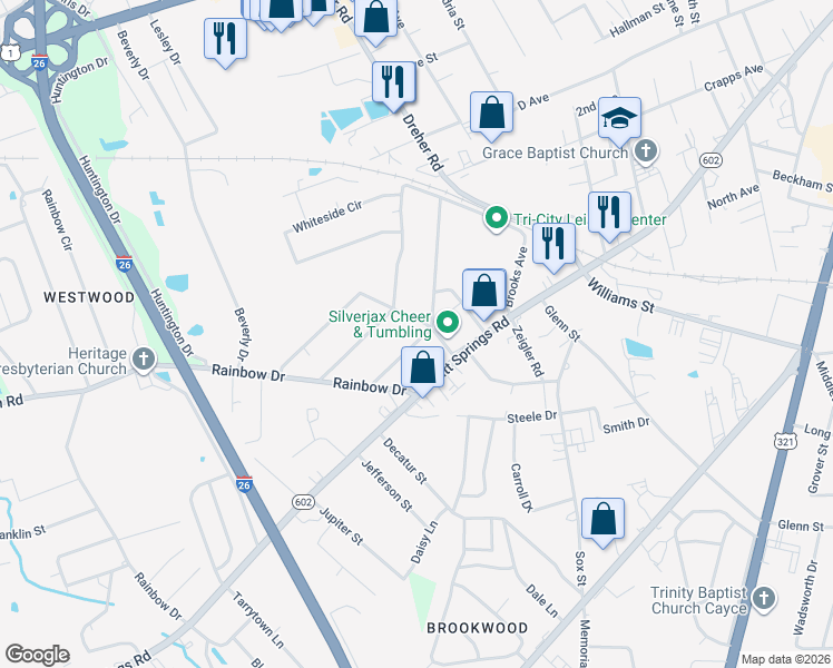 map of restaurants, bars, coffee shops, grocery stores, and more near 701 Brooks Avenue in West Columbia