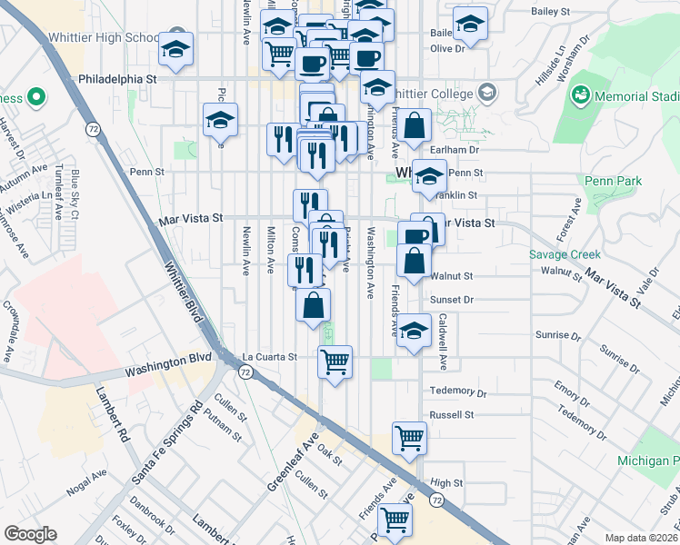 map of restaurants, bars, coffee shops, grocery stores, and more near 13005 Walnut Street in Whittier
