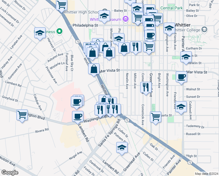 map of restaurants, bars, coffee shops, grocery stores, and more near 12466 Amesbury Circle in Whittier
