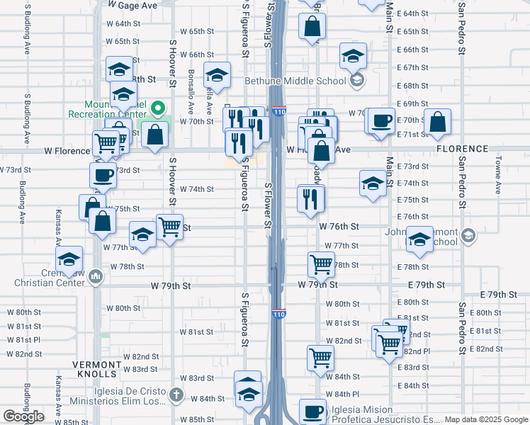 map of restaurants, bars, coffee shops, grocery stores, and more near 429 West 75th Street in Los Angeles