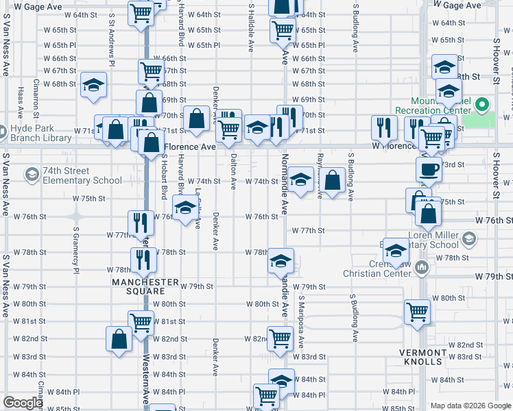 map of restaurants, bars, coffee shops, grocery stores, and more near 7422 South Halldale Avenue in Los Angeles