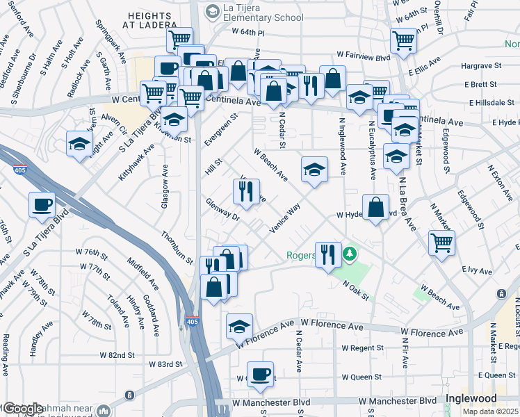 map of restaurants, bars, coffee shops, grocery stores, and more near 846 Victor Avenue in Inglewood