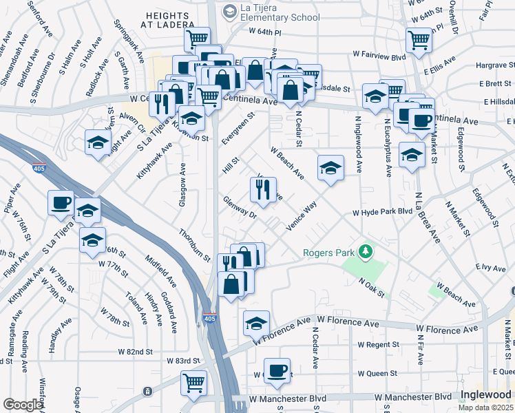 map of restaurants, bars, coffee shops, grocery stores, and more near 875 Glenway Drive in Inglewood