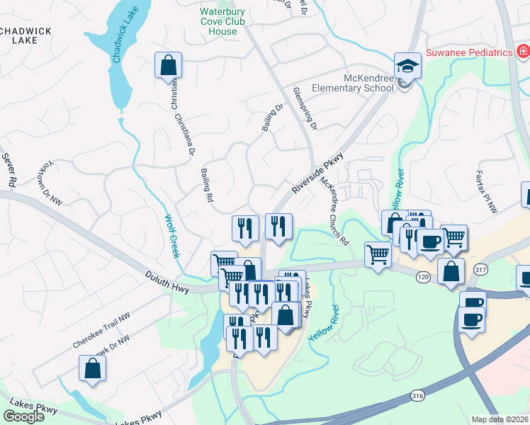 map of restaurants, bars, coffee shops, grocery stores, and more near 1016 Bass Court North West in Lawrenceville
