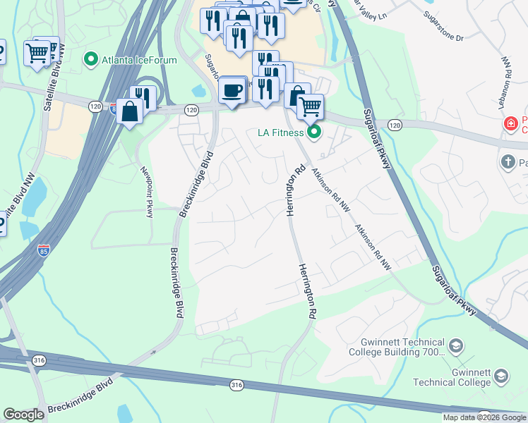 map of restaurants, bars, coffee shops, grocery stores, and more near 1805 Danielle Place in Lawrenceville