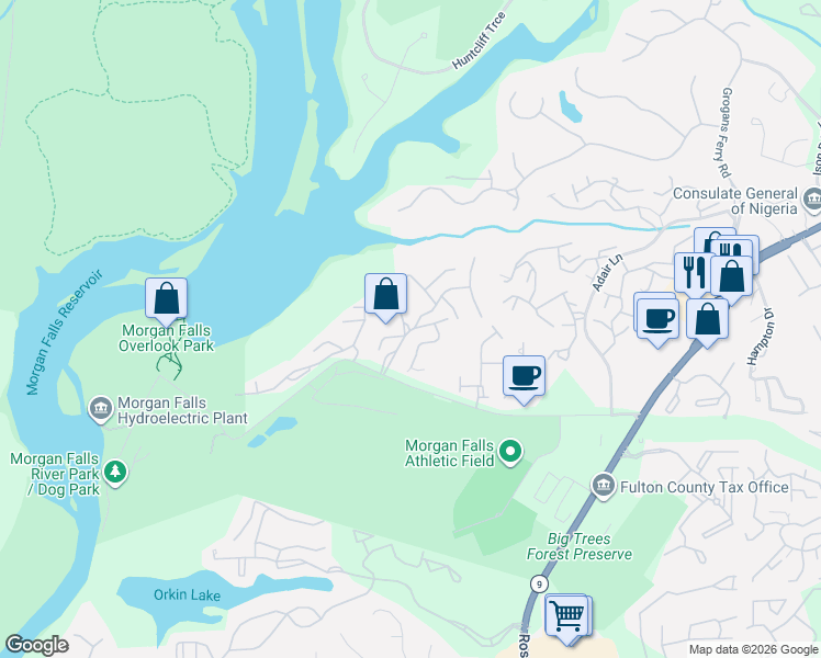 map of restaurants, bars, coffee shops, grocery stores, and more near 304 Harbor Pointe Parkway in Sandy Springs