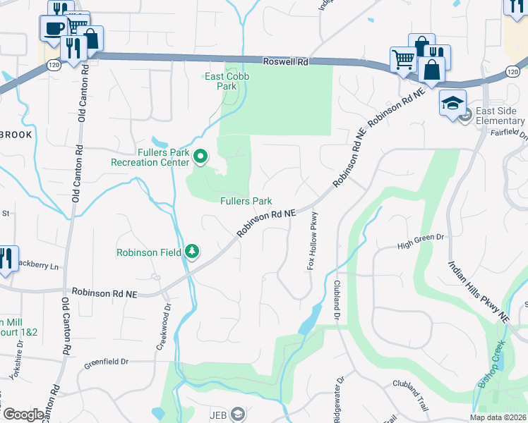 map of restaurants, bars, coffee shops, grocery stores, and more near 901 Highbury Lane Northeast in Marietta