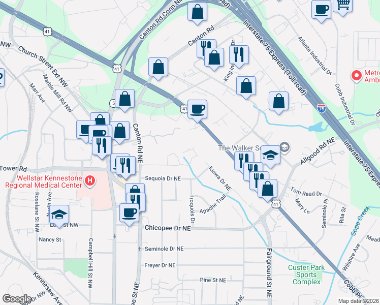 map of restaurants, bars, coffee shops, grocery stores, and more near 895 Cobb Parkway North in Marietta