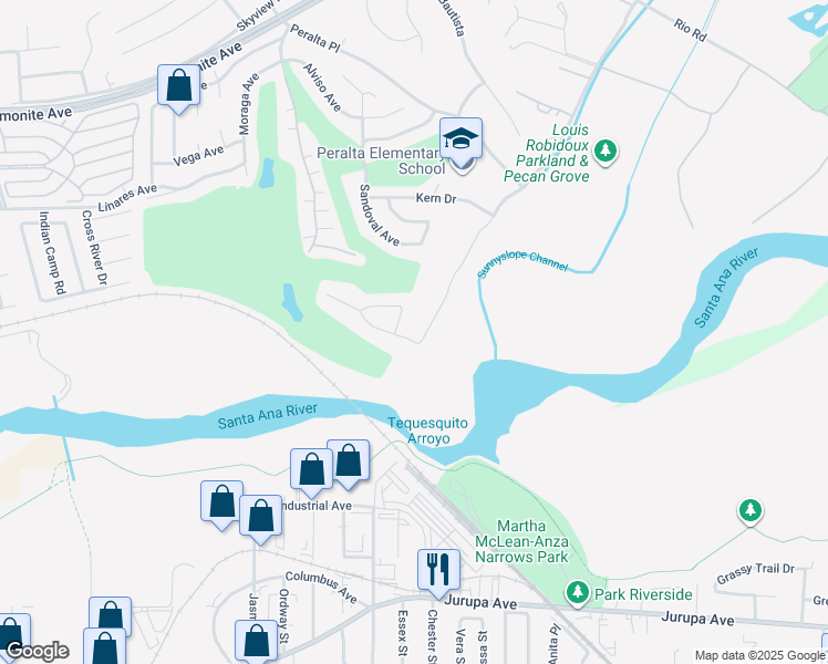 map of restaurants, bars, coffee shops, grocery stores, and more near 6680 Avenue Juan Diaz in Riverside