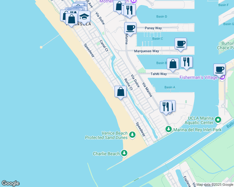 map of restaurants, bars, coffee shops, grocery stores, and more near 6 Northstar Street in Marina del Rey