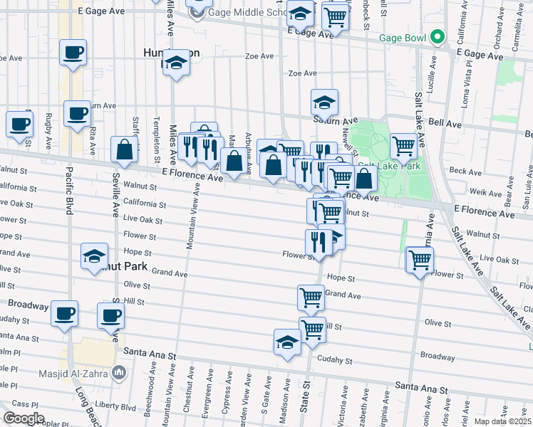 map of restaurants, bars, coffee shops, grocery stores, and more near 3060 Walnut Street in Huntington Park