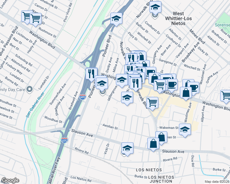 map of restaurants, bars, coffee shops, grocery stores, and more near 8110 Millergrove Drive in Whittier