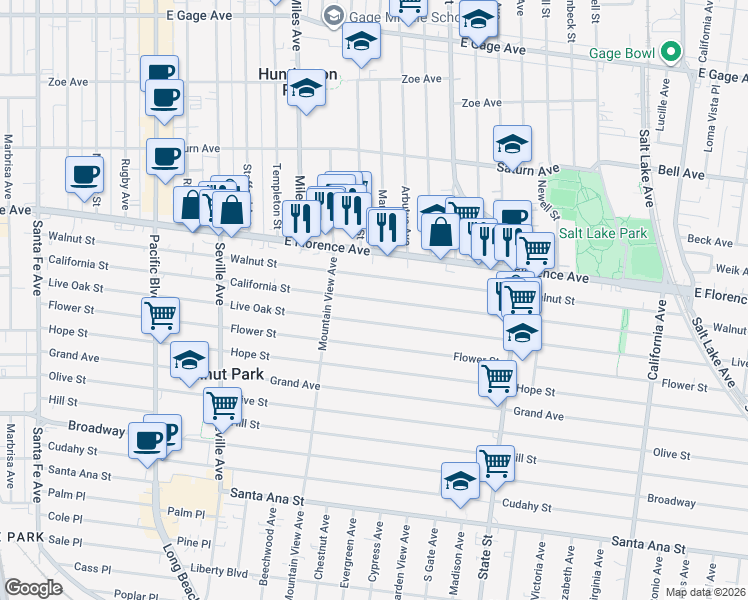 map of restaurants, bars, coffee shops, grocery stores, and more near California Street in Los Angeles County