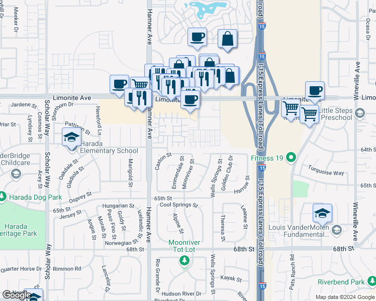 map of restaurants, bars, coffee shops, grocery stores, and more near 6365 Caxton Street in Eastvale