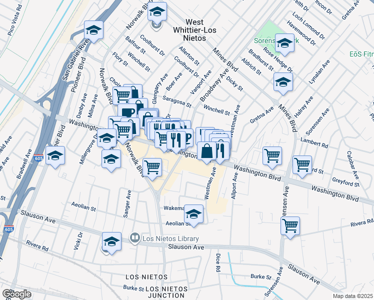 map of restaurants, bars, coffee shops, grocery stores, and more near 7914 Broadway in Whittier