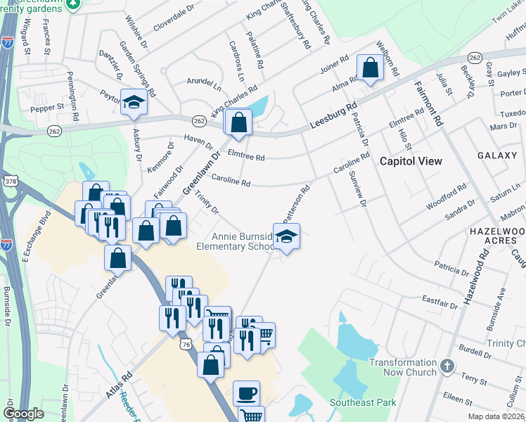 map of restaurants, bars, coffee shops, grocery stores, and more near 1458 Trinity Drive in Columbia