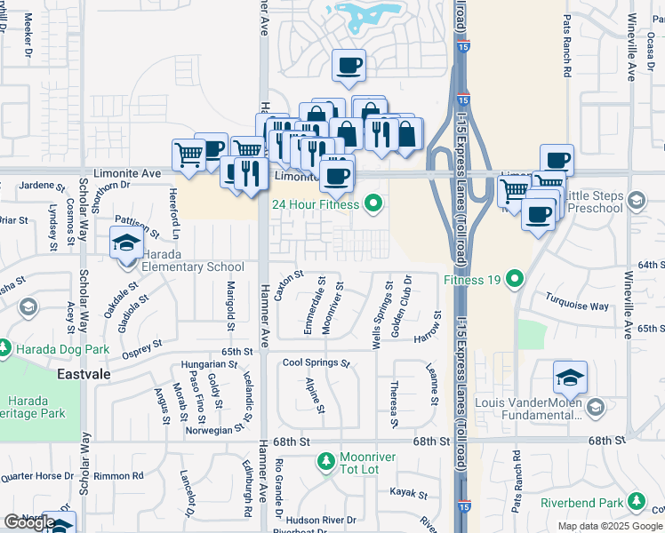 map of restaurants, bars, coffee shops, grocery stores, and more near 6365 Caxton Street in Eastvale