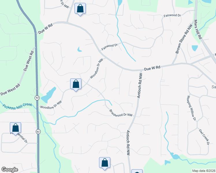 map of restaurants, bars, coffee shops, grocery stores, and more near 678 Braidwood Terrace Northwest in Acworth