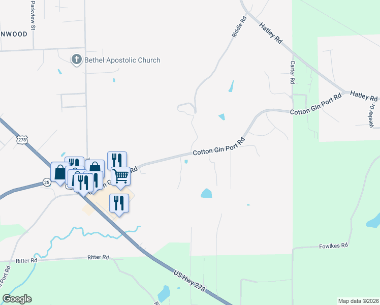 map of restaurants, bars, coffee shops, grocery stores, and more near 60433-60441 Cotton Gin Port Road in Amory