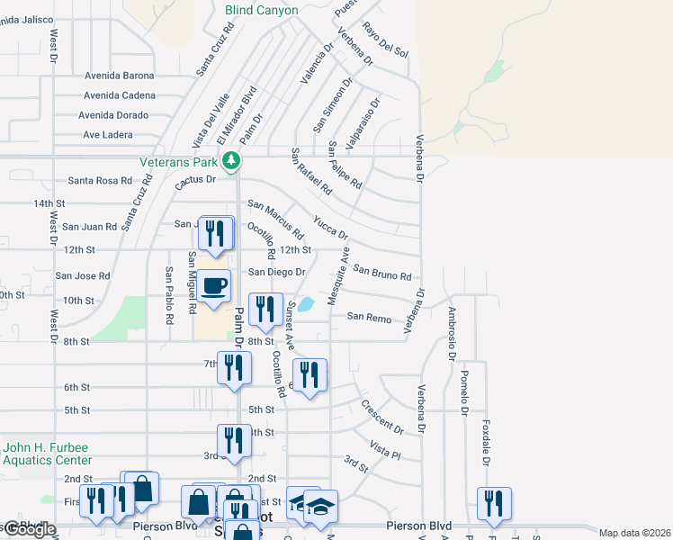 map of restaurants, bars, coffee shops, grocery stores, and more near 66816 San Bruno Road in Desert Hot Springs