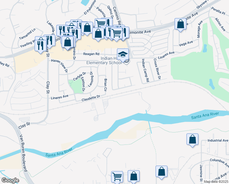map of restaurants, bars, coffee shops, grocery stores, and more near 6491 Thunder Bay Trail in Riverside